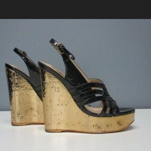 YSL BLACK PATENT LEATHER GOLD CORK WEDGES
